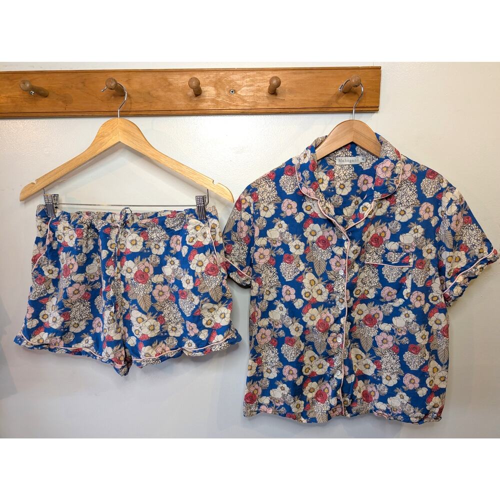 Mahogany Floral Cotton Pajama Set Short Sleeve Top & Shorts Blue Size M